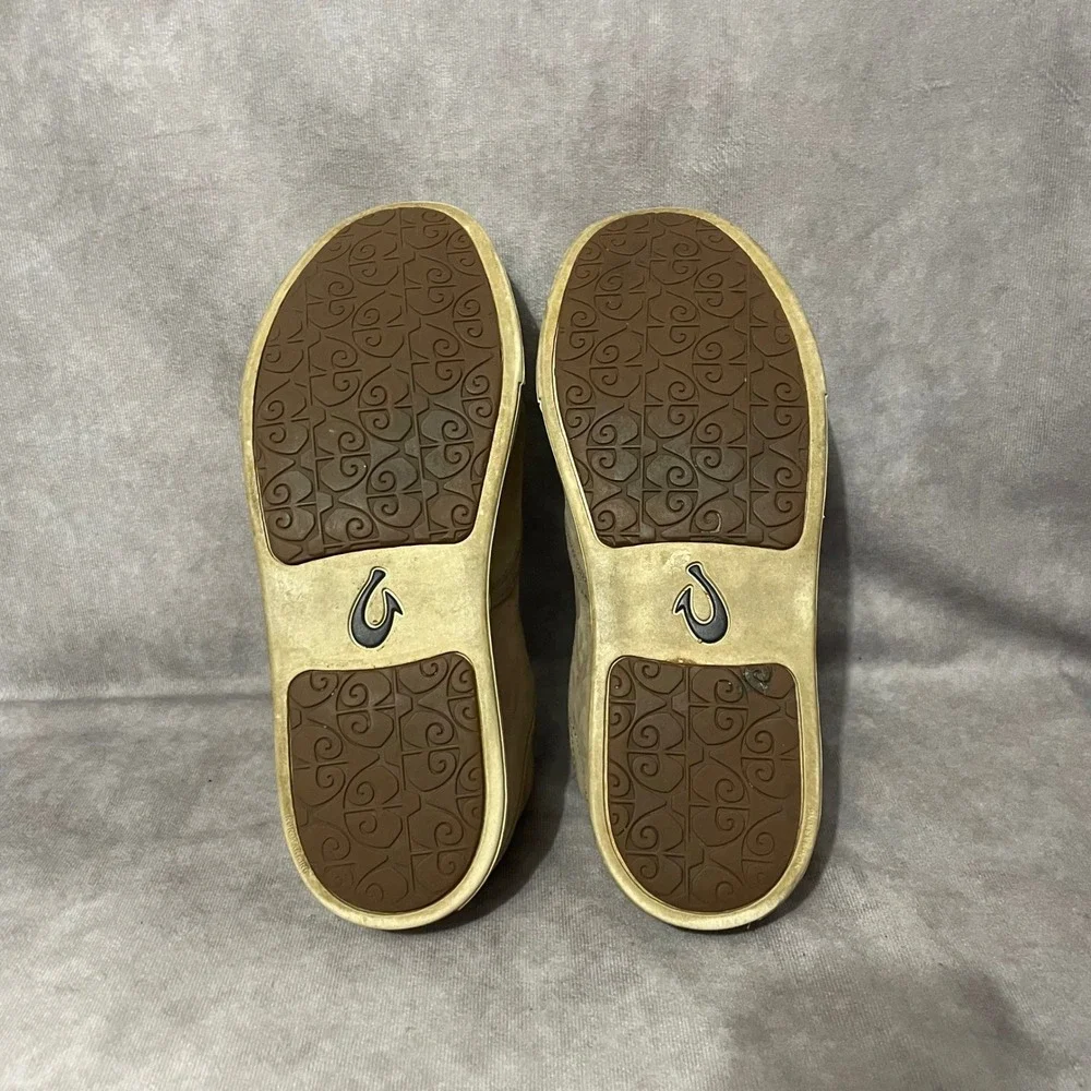 OluKai Pehuea Heu‎ Womens 8 Tan Leather Suede Shearling Slip On Loafer Shoes